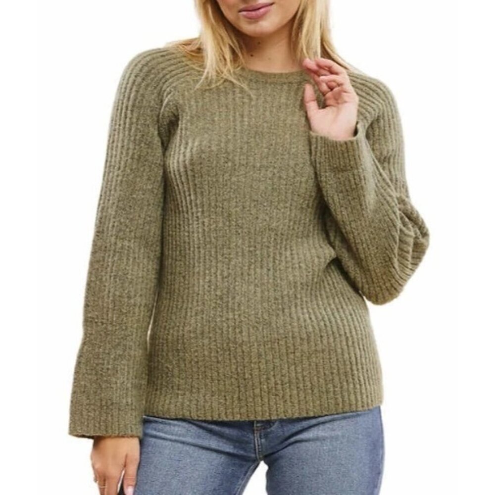 Fever Women's Size L Olive Green Ribbed Knit Sweater Long Sleeves a2347